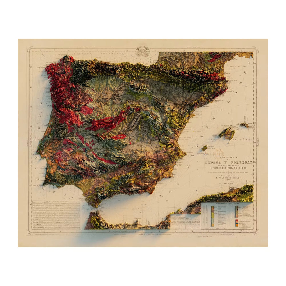 Spain and Portugal 1879 Shaded Relief Map